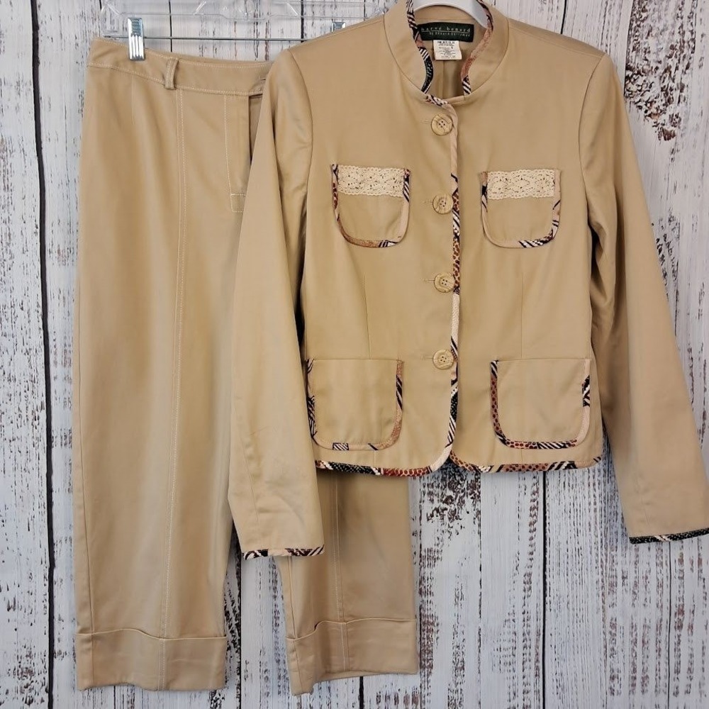 Vtg HARVE BENARD Pant Suit Set Khaki Jacket Sz 8 & Cuffed Crops Sz 6 Funky Artsy